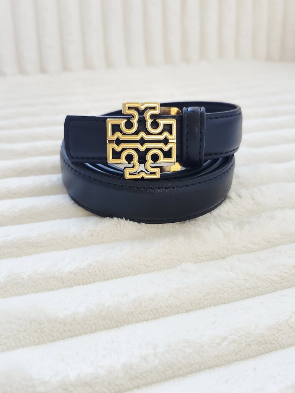 Tory Burch Black Leather Belt Gold Tone Double T Logo Buckle Slim